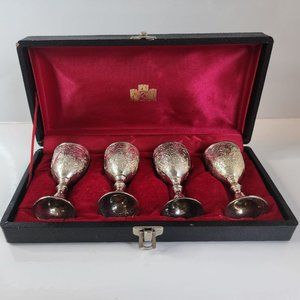 4 Antique Silverplate Wine goblets Tasting Ceremonial size w/ hard case - Japan